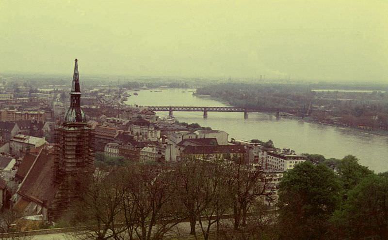 An industrial haze hangs over the Danube, viewed from Bratislava Castle, 1970