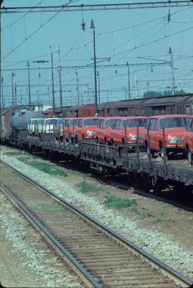 Automobiles on the rails near Bratislava, 1979