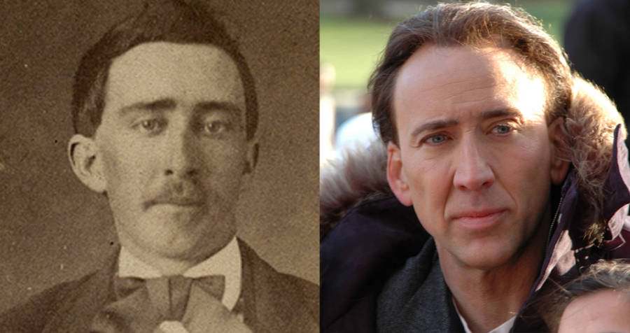 An unidentified Civil War–era man and Nicolas Cage.