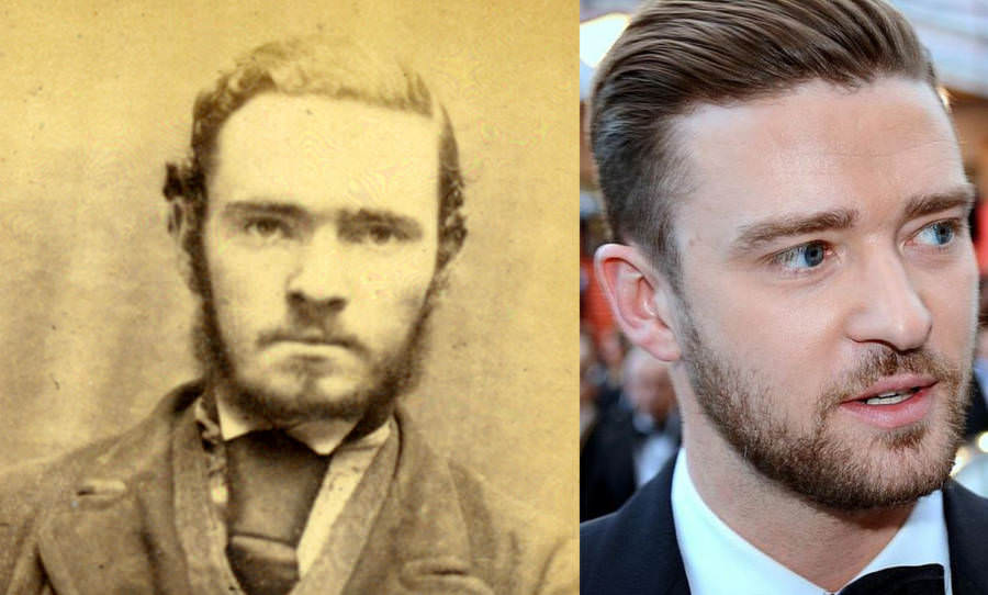 An unidentified vintage mugshot and Justin Timberlake.