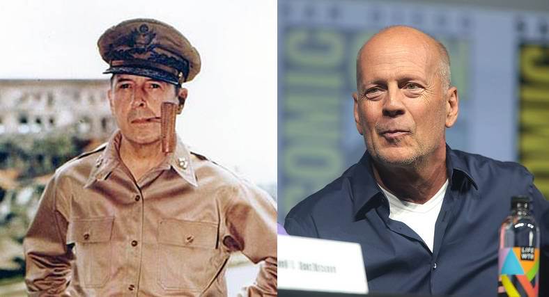 U.S. Army General Douglas MacArthur in 1945 and Bruce Willis.