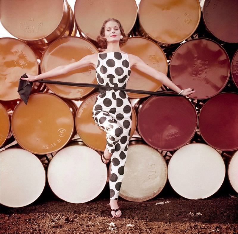 Mary Hilem in large polka-dot jumpsuit, LOOK, 1958