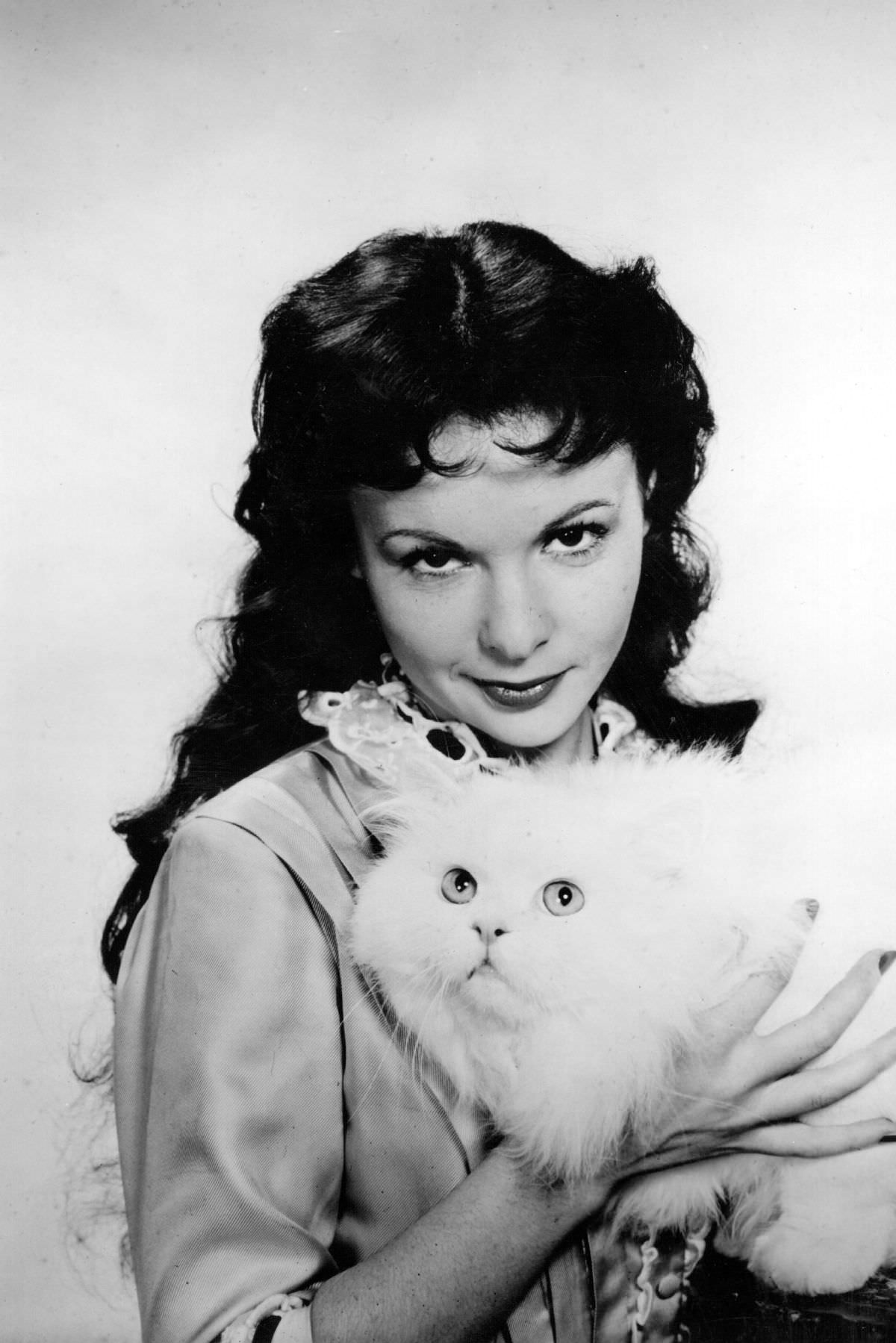 French actress Françoise Arnoul with her Persian Cat, 1954