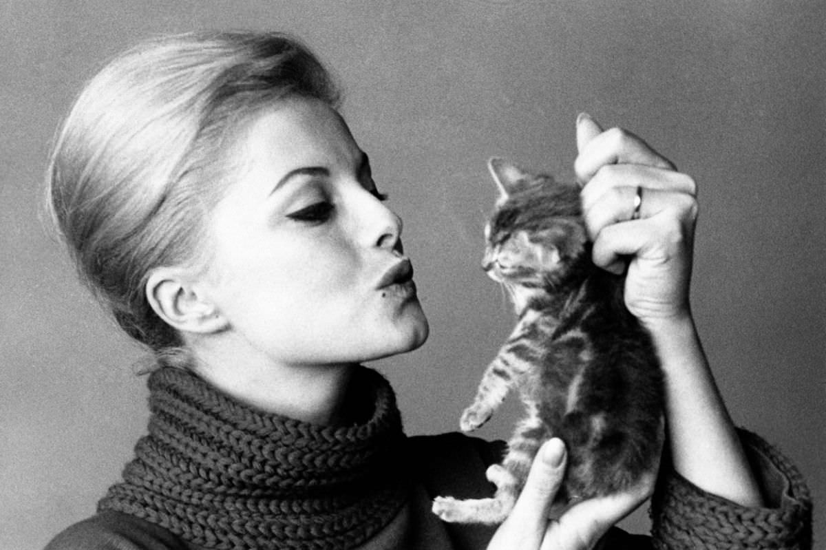 Italian actress Virna Lisi pretended to kiss a kitten, 1961.