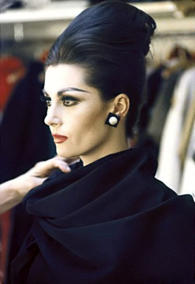 Jean Newington backstage at the Yves Saint Laurent fashion show, Paris, 1962