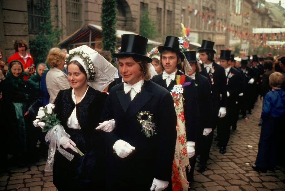 Traditional wedding procession of the Sorbic minority. Bautzen, 1974.