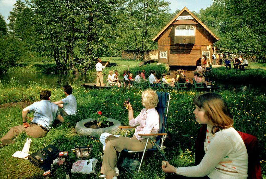 Weekenders alongside a typical canal in the Spreewald. LŸbbenau, 1974.