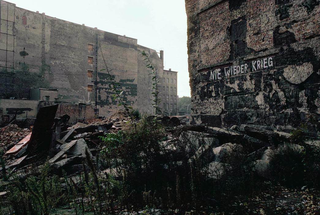 Ruins left from World War II, with the insciption: "Never again War". East Berlin, 1974
