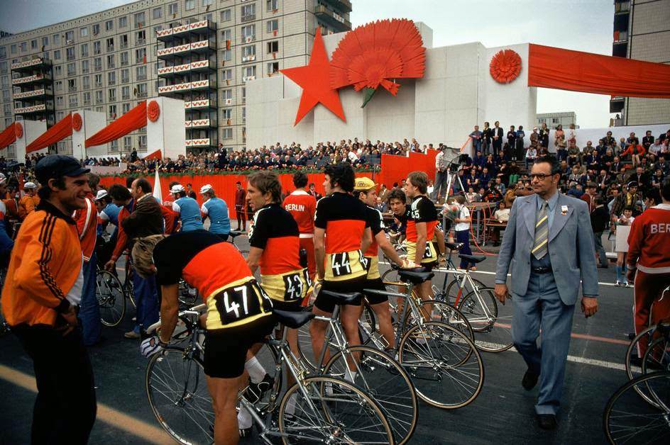 Start of the "Friedensfahrt" the annual peace-bicycle race on Karl Marx Allee. East Berlin, 1974