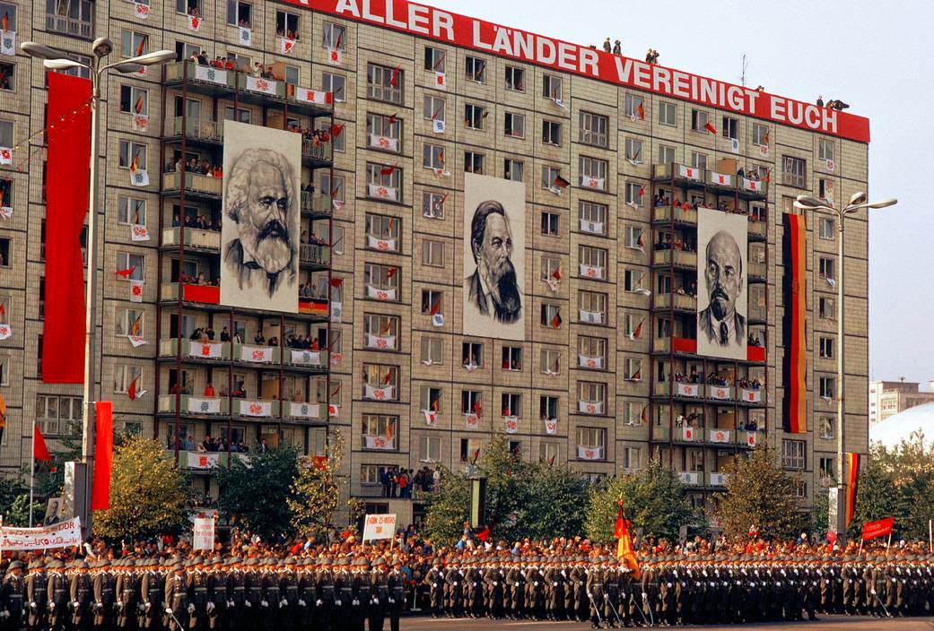 Parade of Volksarmee on Karl Marx Allee for May 1st celebrations. East Berlin, 1974