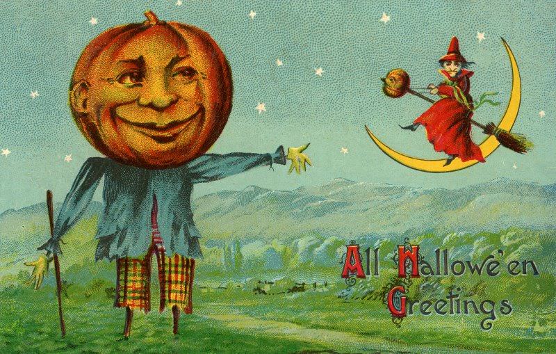 Jack-o'-Lantern Scarecrow and Witch with Crescent Moon
