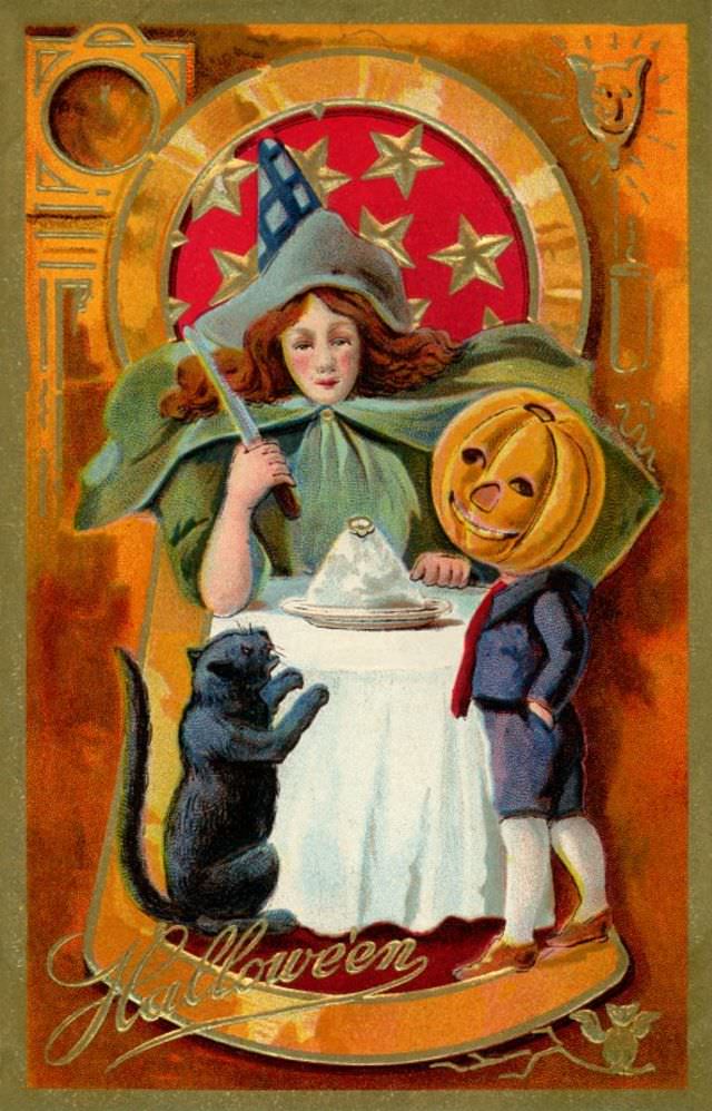 Pumpkinhead Boy with Witch and Black Cat