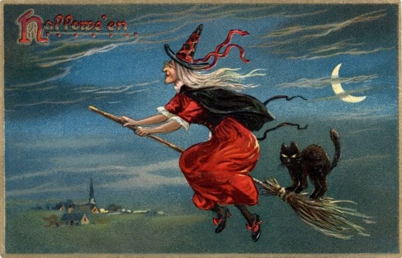Witch and black cat on a broomstick