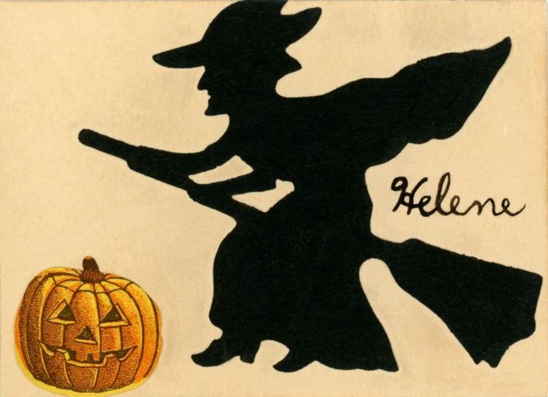 Witch and jack-o'-lantern card for Helene