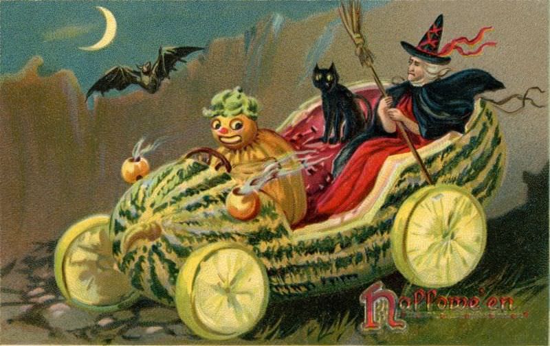 A Witch with a Veggie Chauffeur in a Halloween Melon-mobile