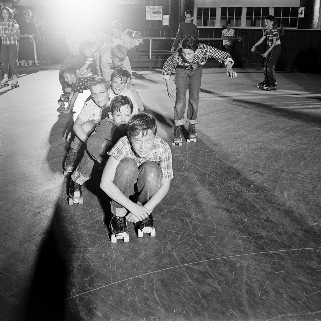 Kids roller skating at a party, Houston, Texas, 1954.