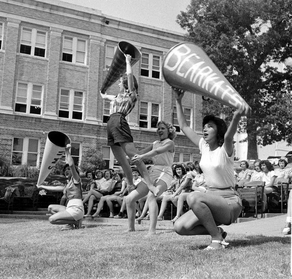 Cheerleaders performing at Sam Houston State Teachers College, Houston, 1950.