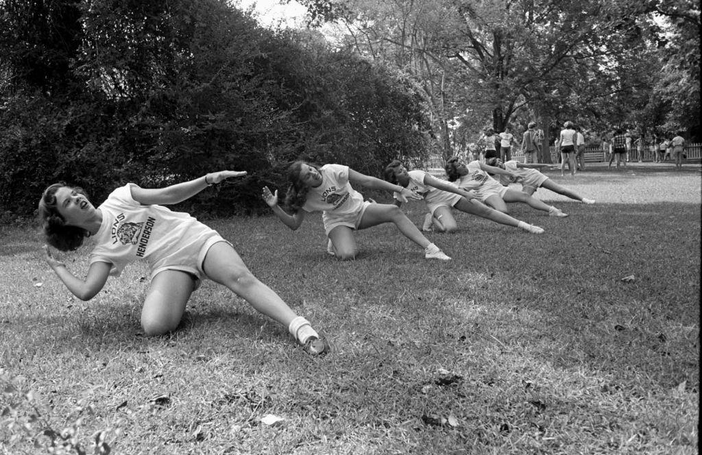 Cheerleaders dancing at a cheerleaders school in Sam Houston State University, 1950.