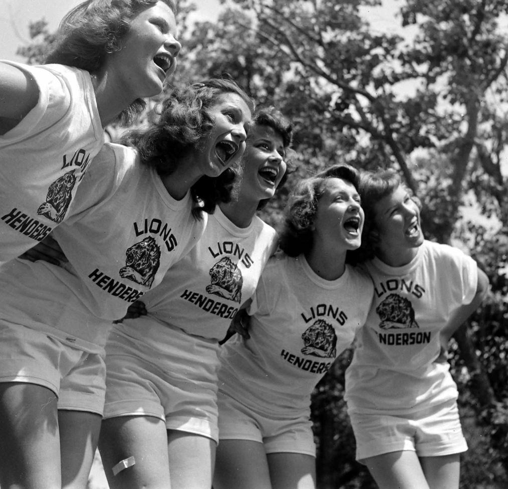 Cheerleaders posing for picture at Sam Houston State Teachers College, Houston, 1950.