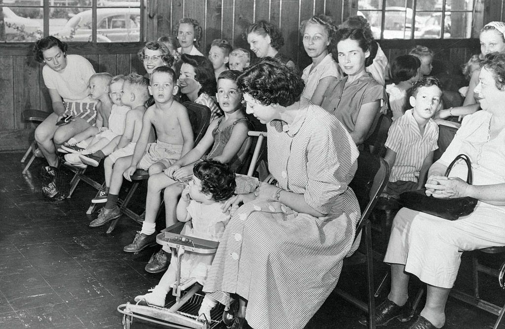 Mothers and Relatives with Children Gathered for Polio Vaccine, 1952.