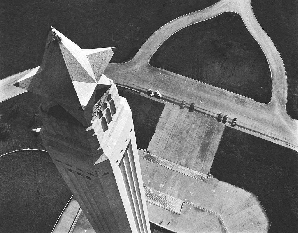 Birds eye view of the San Jacinto monument taken from a helicopter, 1952.