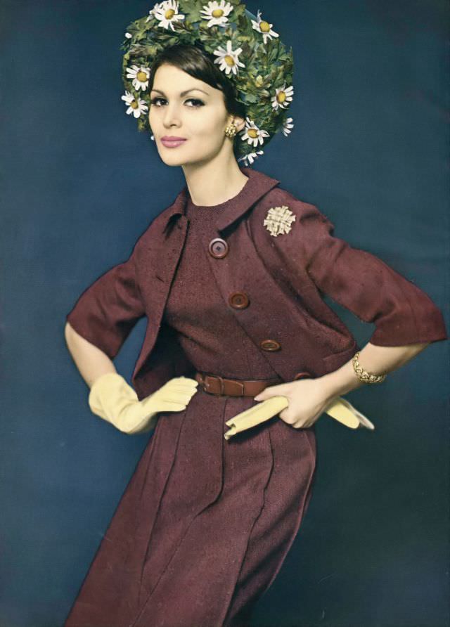 Isabella Albonico in mulberry colored cotton and silk tweed dress and jacket, by Samuel Winston, jewelry by Verdura, 1960