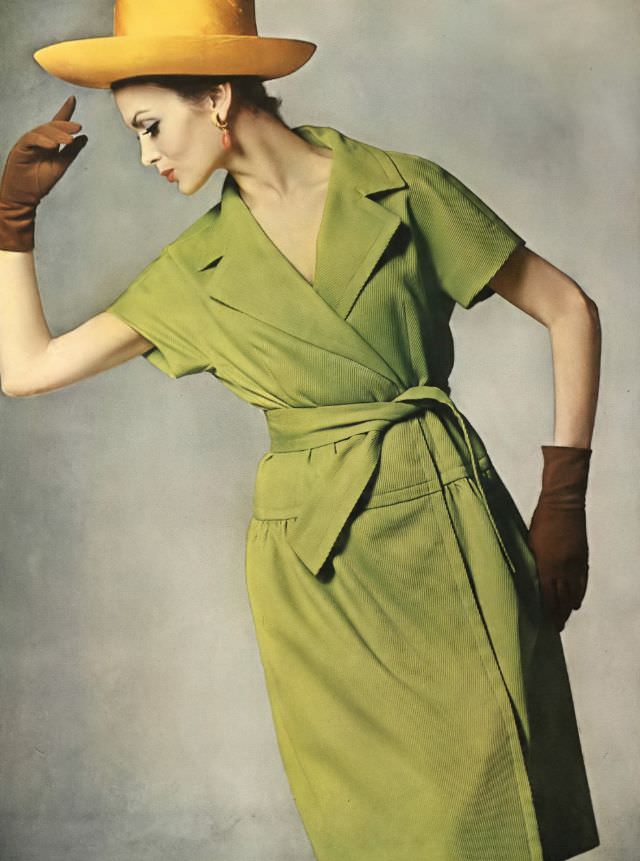 Isabella Albonico in green cotton-dacron summer coat-dress by Maurice Rentner, orange silk-shantung Breton by Mr. John. Vogue 1962