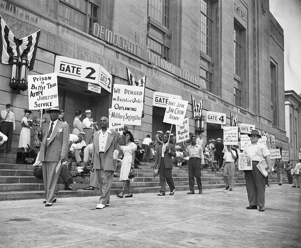 Picketers outside Democratic National Covention, July 12, demanding equal rights for Negoes and Anti-Jim Crow plank in the Party platform.