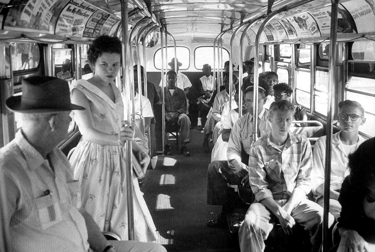 Black citizens sit in the rear of the bus in compliance with South Carolina segregation law in April 1956.