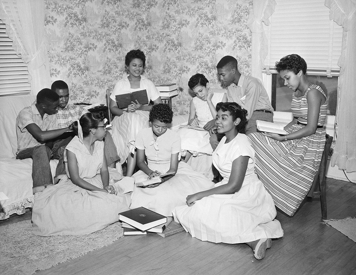 A group of students known as the Little Rock Nine form a study group after being prevented from entering Little Rock's newly integrated Central High School on Sept. 13, 1957.