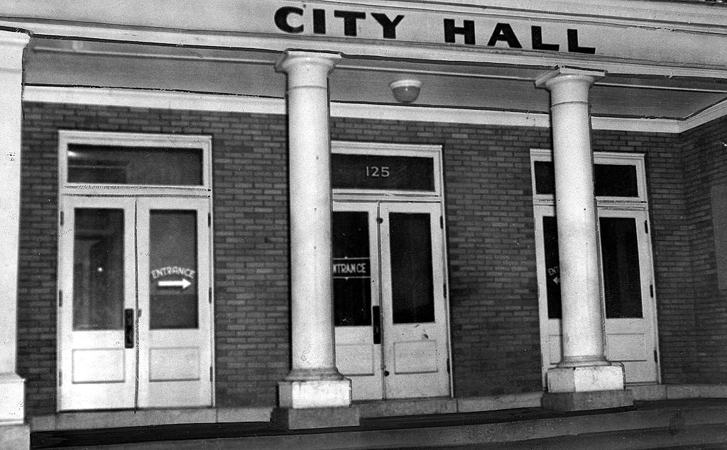 The City Hall following the lynching of Cleo Wright, Sikestown, Missouri, February 7, 1942.