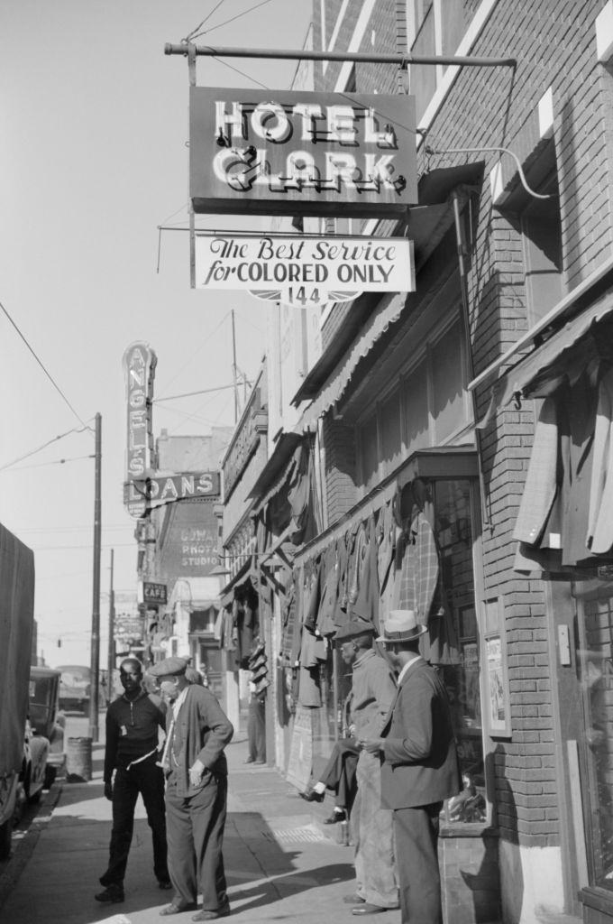 Hotel Clark with Sign "The Best Service for Colored Only", Beale Street Lined with Pawn Shops and Secondhand Clothing Stores, Memphis, 1939.
