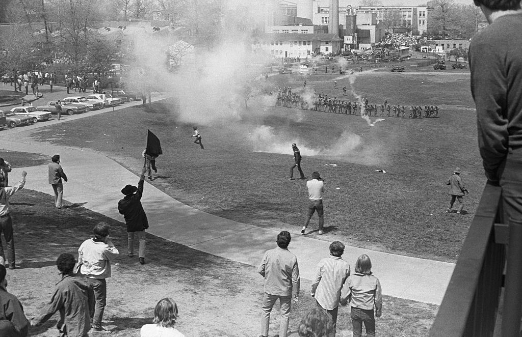 An aerial view of police firing tear gas on student protesters on the Kent State University, May 4th 1970.