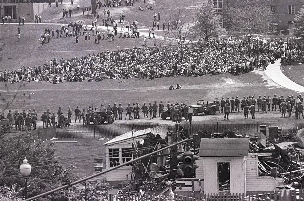 National guardsmen fire tear gas at students on campus of Kent State University in this May 4, 1970.