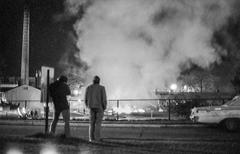 Ohio National Guardsman as they attempt to enforce a curfew while Kent University students stand in a street, Kent, Ohio, May 3, 1970.