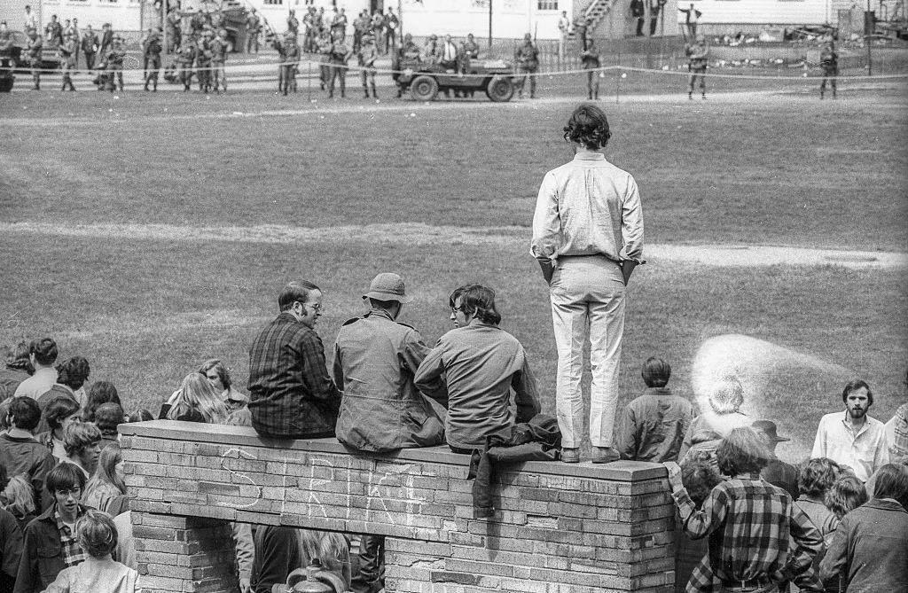 Demonstrators on and around the Victory Bell at Kent State University during an antiwar protest, May 4th 1970.