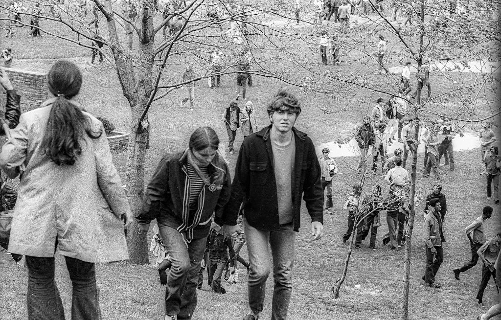 Students disperse after an antiwar demonstration when the Ohio National Guard opened fire on protesters, Kent, Ohio, May 4, 1970.