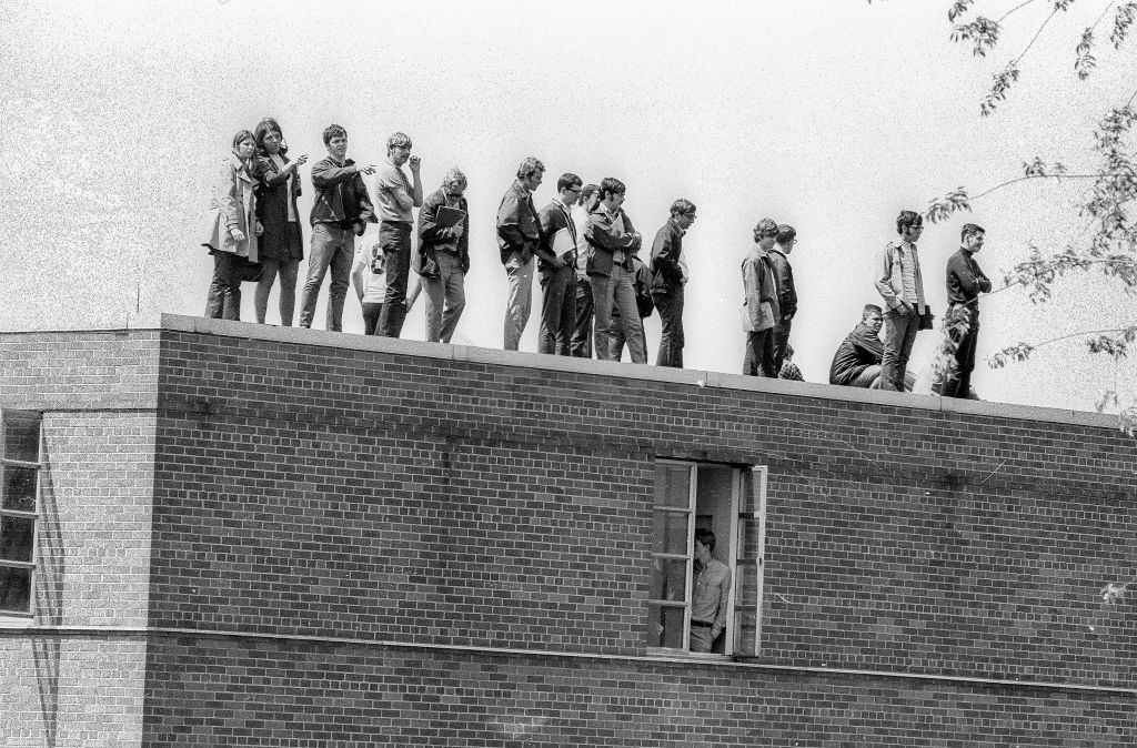 Students on the roof of Johnson Hall on the Kent State University campus for a student antiwar protest, Kent, Ohio, May 4, 1970.