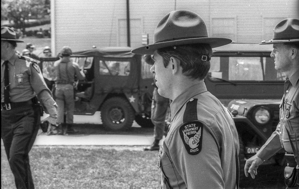 Highway Patrol officers as they arrive at Kent State University in the wake of the Ohio National Guard's shooting of protesters on the university's campus, Kent, Ohio, May 4, 1970.