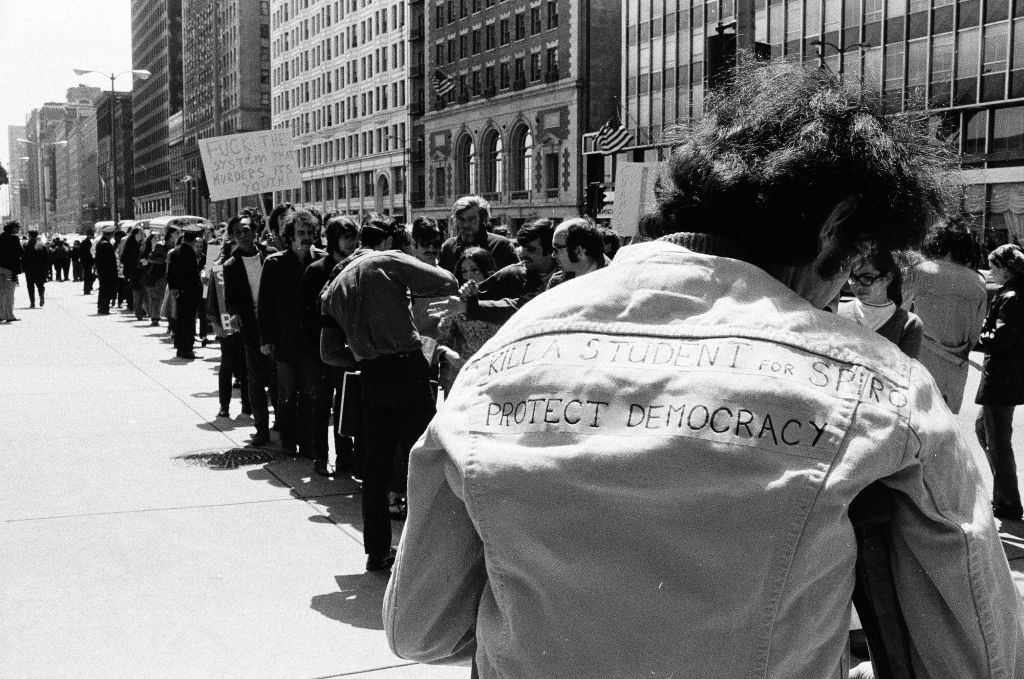 University students protest the Vietnam War and the Kent State University shooting, Chicago, Illinois, May 5, 1970.