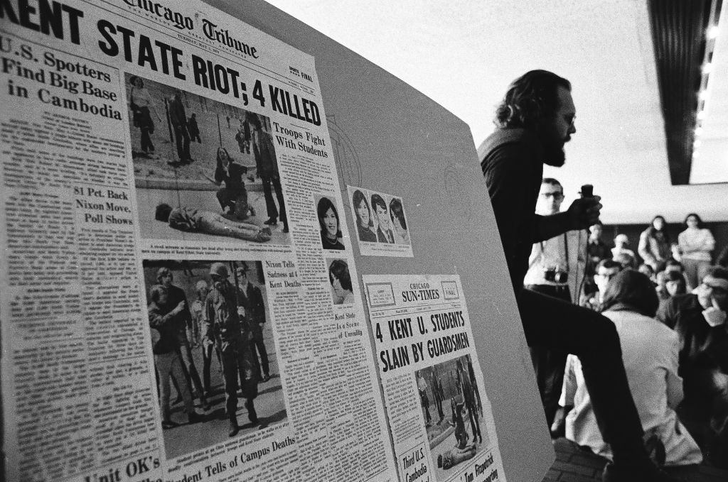 Chicago-area university students mourn the four students killed by police at Kent State University, May 5, 1970.