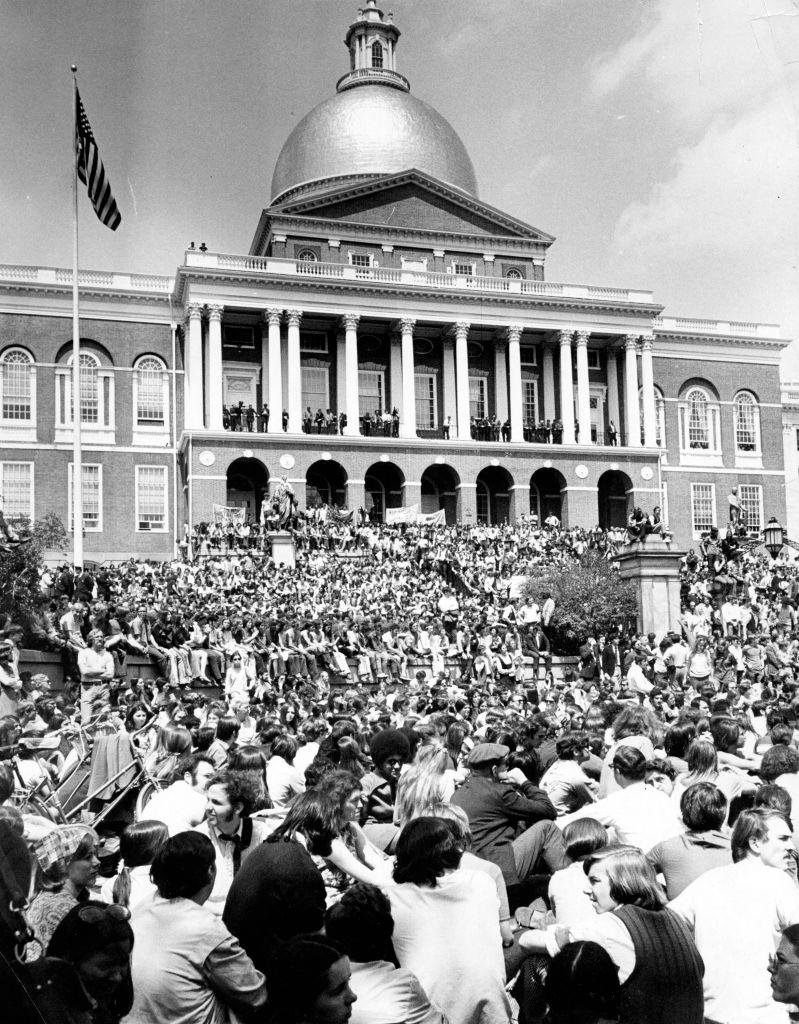 Students protesting for students who were killed during clashes with the National Guard outside the Massachusetts State House in Boston on May 5, 1970.