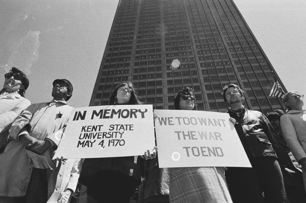 A vigil in front of the Equitable Building, 401 North Michigan Avenue, in memory of the four students killed at Kent State University, Chicago, Illinois, May 6, 1970.