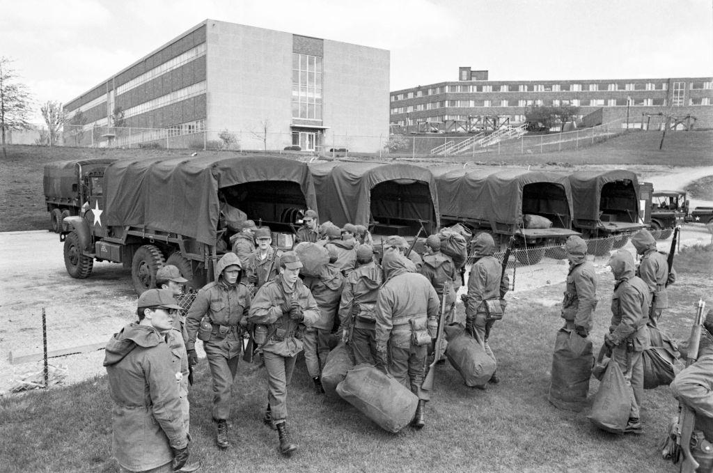 Ohio National Guardsmen prepare to leave the Kent State University campus.