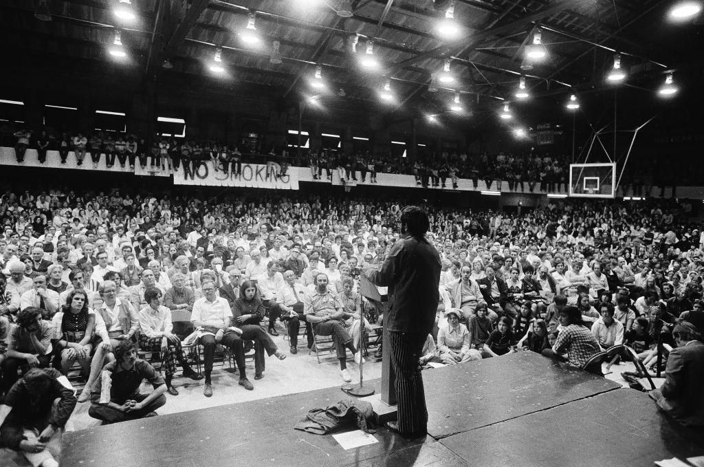 A rally held at Loyola University to protest the Vietnam War and the Kent State University shootings, Chicago, Illinois, May 7, 1970.