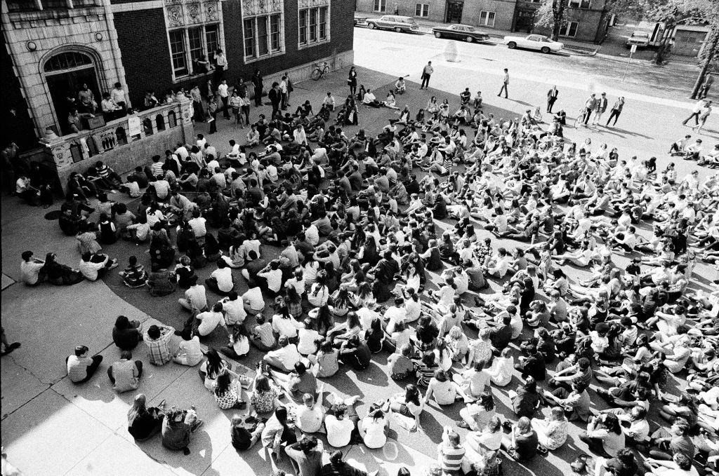 High school students join Northwestern University students in a rally during the student strike, following the Kent State University shootings, Evanston, May 8, 1970.