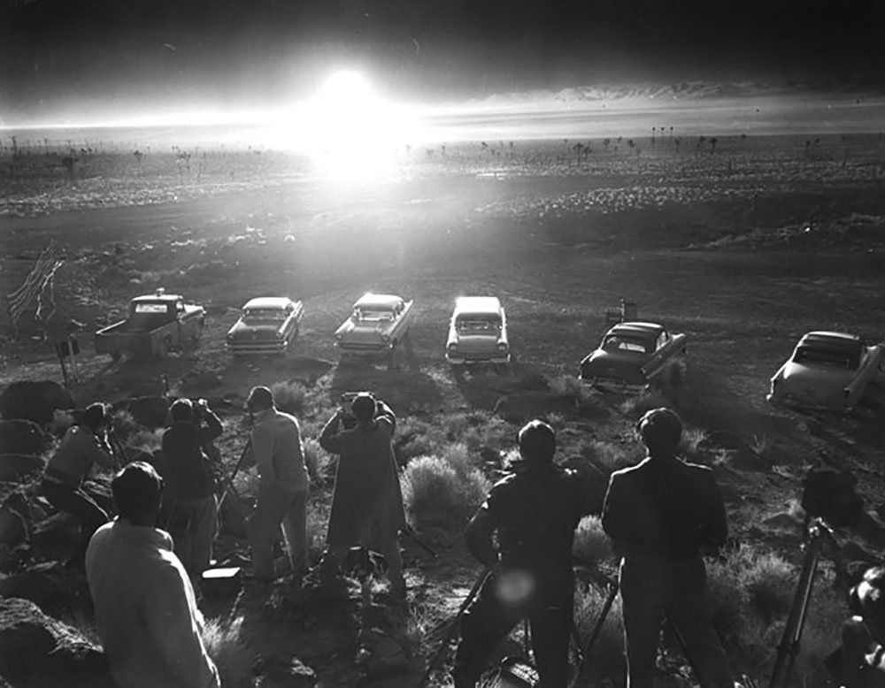 Reporters witness the nuclear test on Frenchman Flat, June 24, 1957.