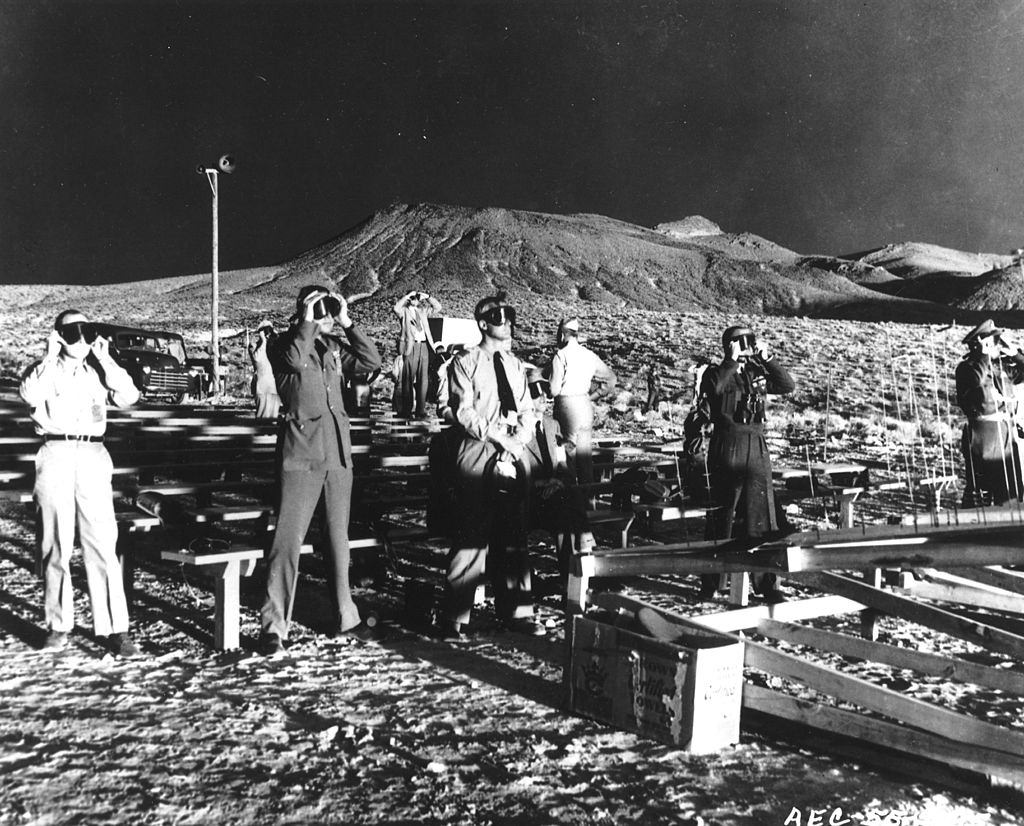 People witness the detonation of nuclear artillery shell, codenamed 'Grable,' fired by a 280mm M65 atomic cannon, 1953