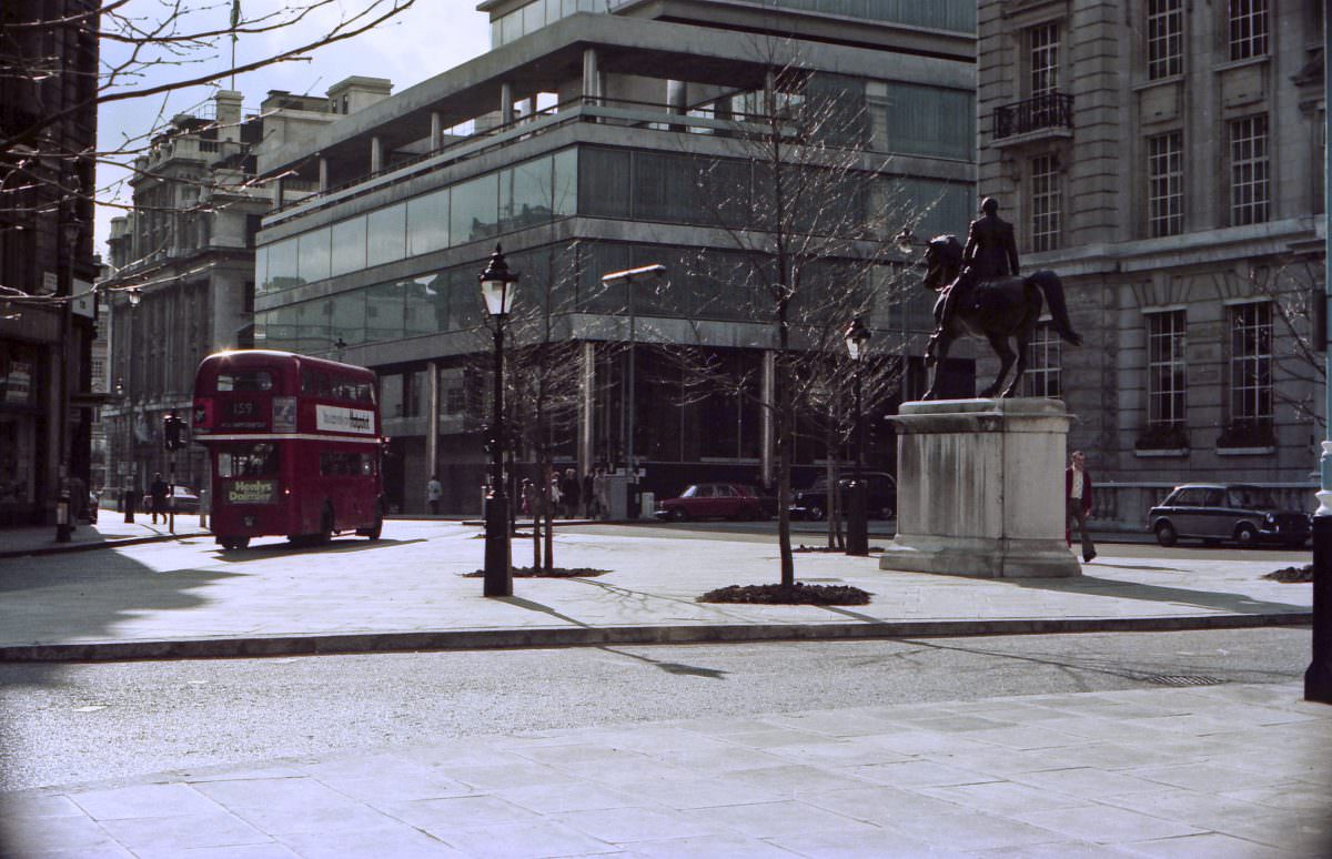 junction of Cockspur Street and Pall Mall. 19th April 1975
