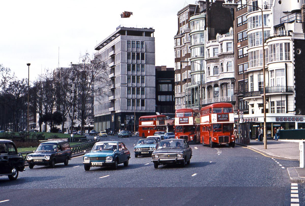 Routemasters in Park Lane, April 1976